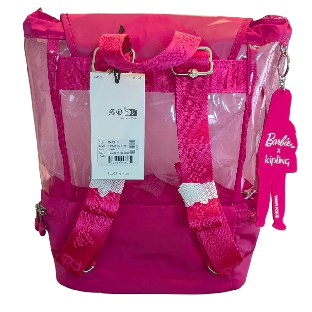 Kipling x Barbie Darlee Backpack Power Pink Transparent w/ Keychain Barbiecore